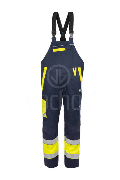 Nehořlavé antistatické pracovní kalhoty s laclem GOODPRO JAKUB Hi-Vis, žlutá/navy blue
