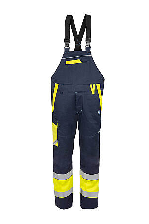 Nehořlavé antistatické pracovní kalhoty s laclem GOODPRO JAKUB Hi-Vis, žlutá/navy blue
